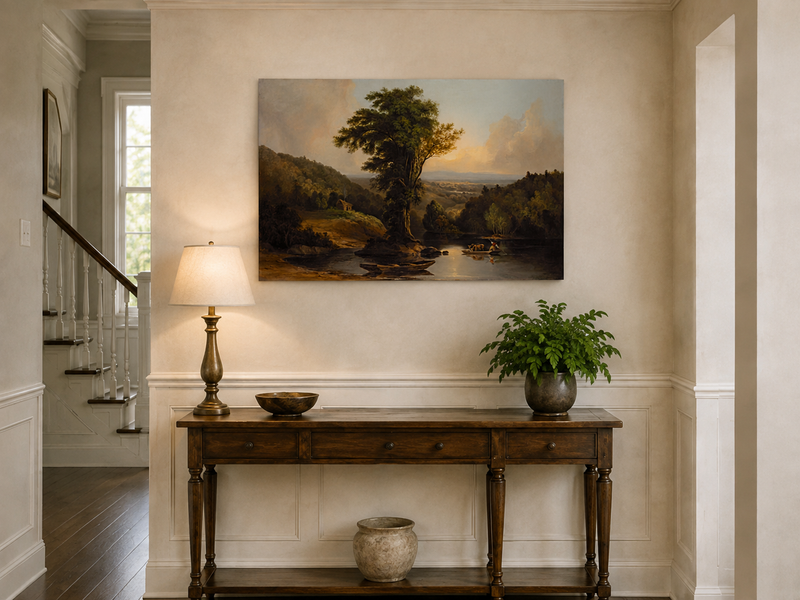 Landscape Oil Painting - River with Tree, Boats & Cabin