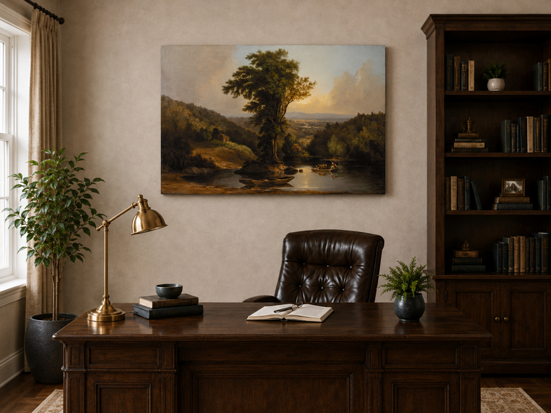 Landscape Oil Painting - River with Tree, Boats & Cabin