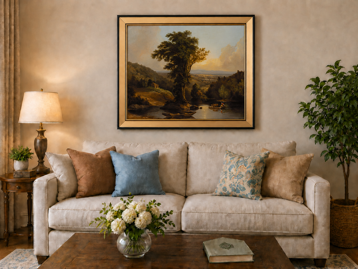 Landscape Oil Painting - River with Tree, Boats & Cabin