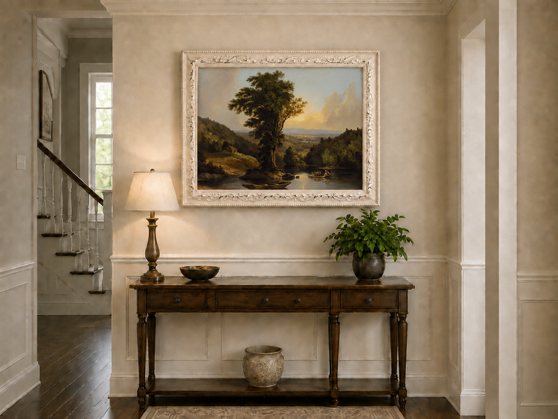 Landscape Oil Painting - River with Tree, Boats & Cabin