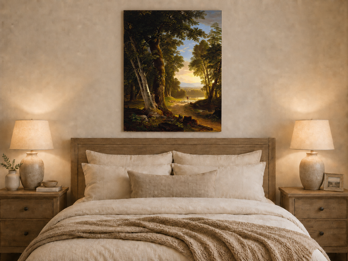 Peinture à l'huile de paysage - Chemin forestier, berger et moutons