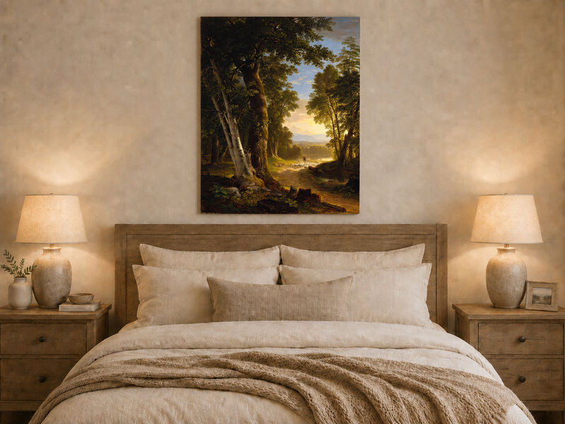 Peinture à l'huile de paysage - Chemin forestier, berger et moutons