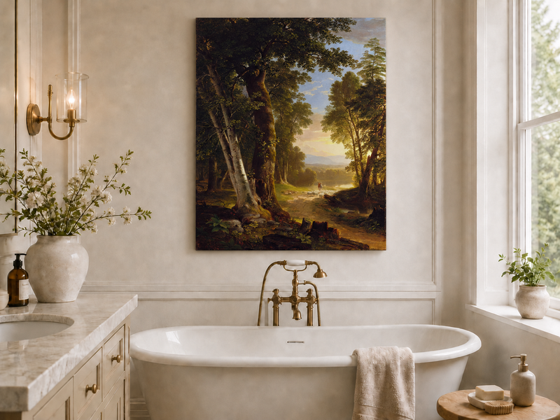 Peinture à l'huile de paysage - Chemin forestier, berger et moutons