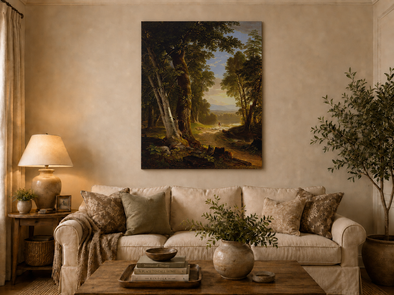 Peinture à l'huile de paysage - Chemin forestier, berger et moutons