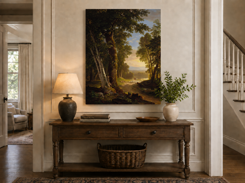 Peinture à l'huile de paysage - Chemin forestier, berger et moutons