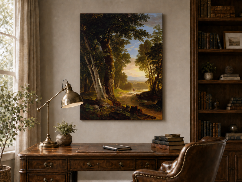 Peinture à l'huile de paysage - Chemin forestier, berger et moutons