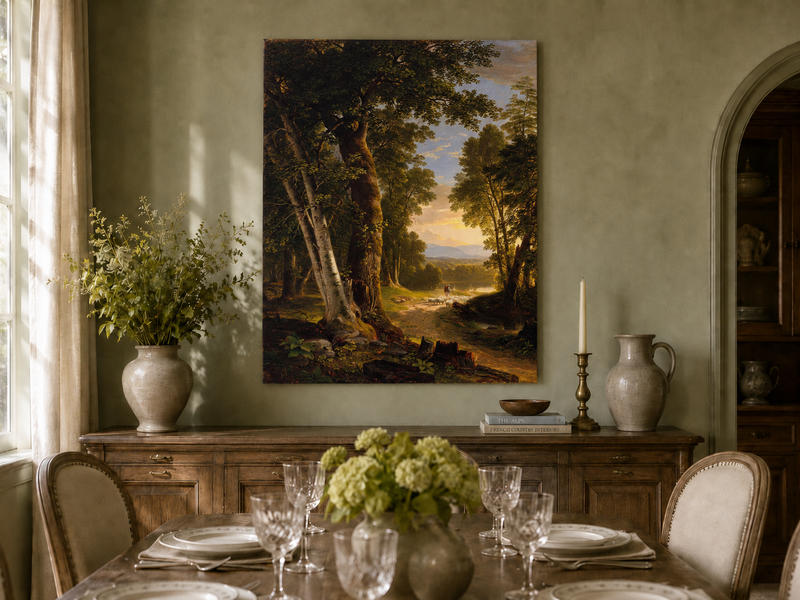 Peinture à l'huile de paysage - Chemin forestier, berger et moutons