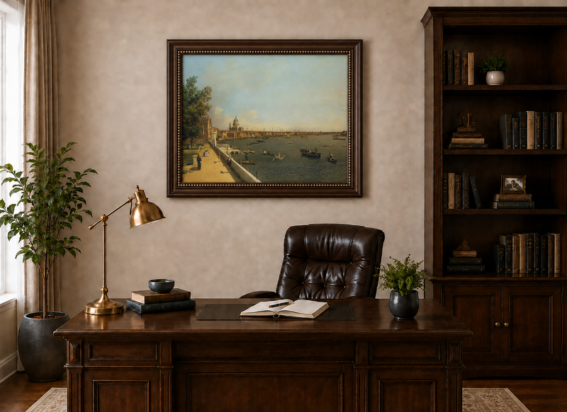 Landscape Oil Painting - London Thames with Boats and St Paul's