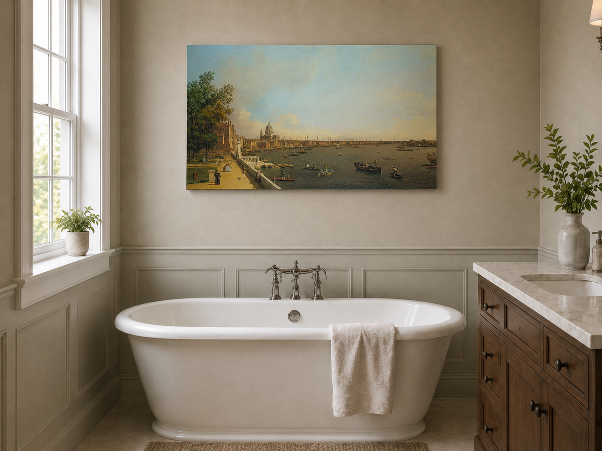Landscape Oil Painting - London Thames with Boats and St Paul's
