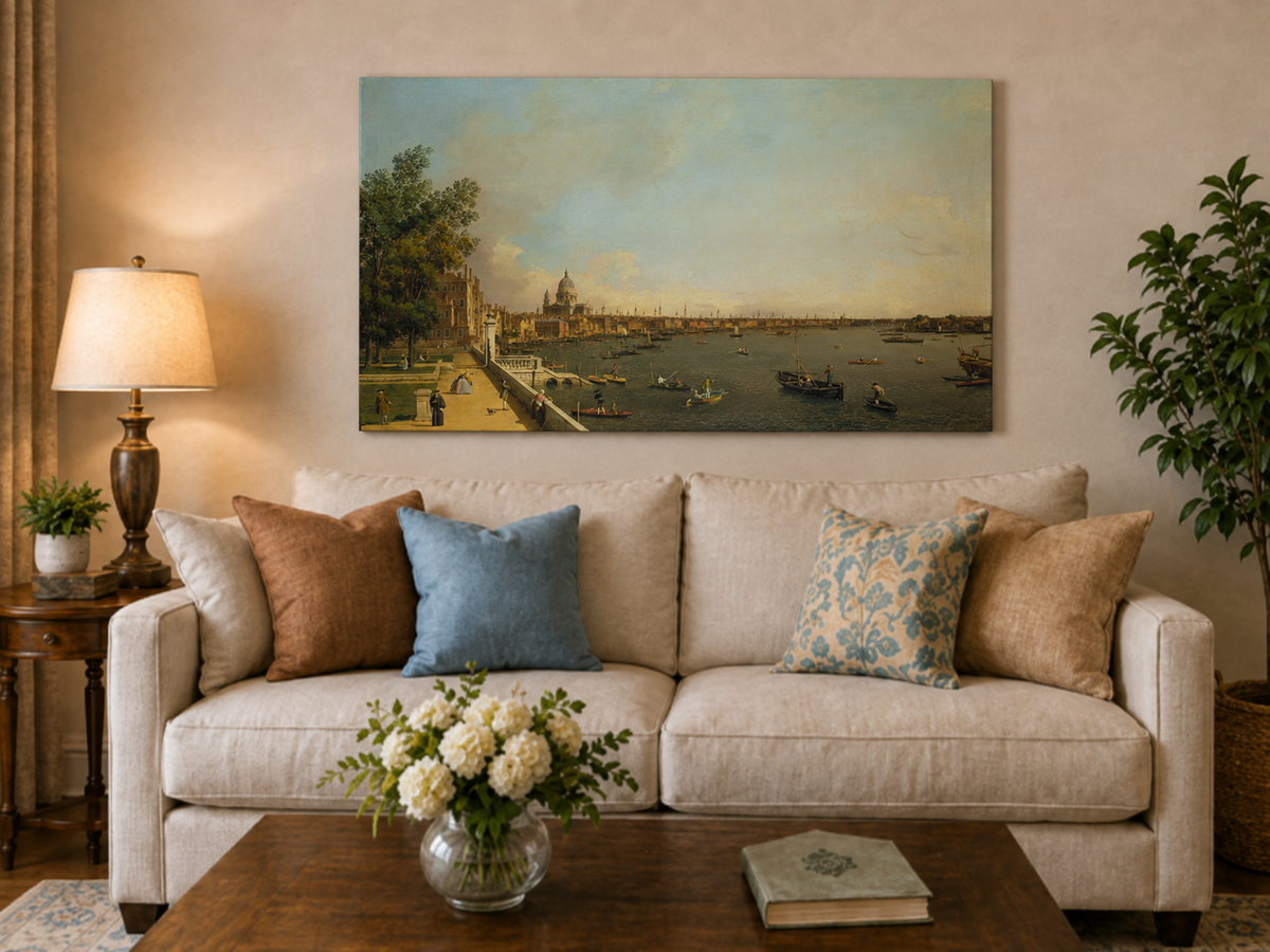 Landscape Oil Painting - London Thames with Boats and St Paul's