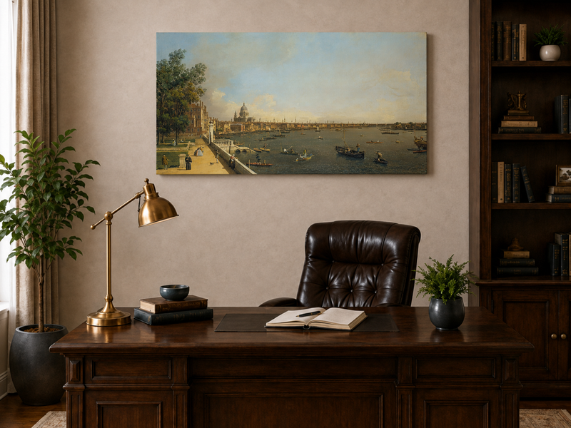 Landscape Oil Painting - London Thames with Boats and St Paul's