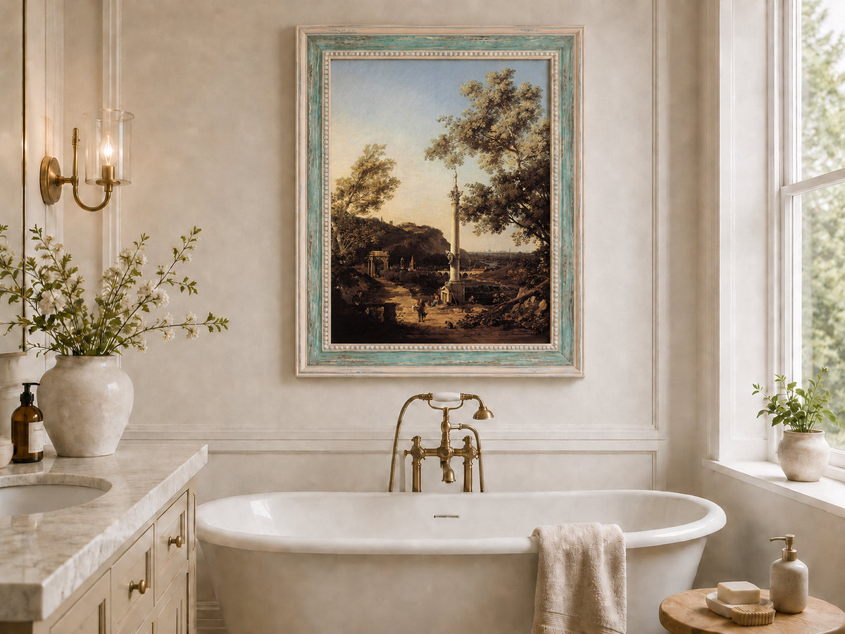 Landscape Oil Painting - Classical Column, Ruins and River View