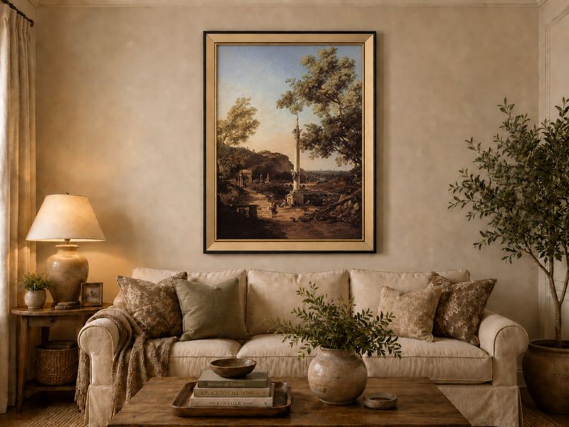 Landscape Oil Painting - Classical Column, Ruins and River View