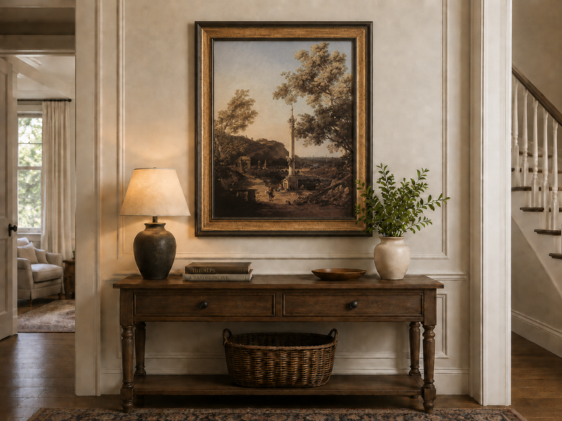 Landscape Oil Painting - Classical Column, Ruins and River View