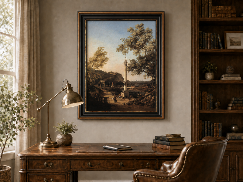 Landscape Oil Painting - Classical Column, Ruins and River View