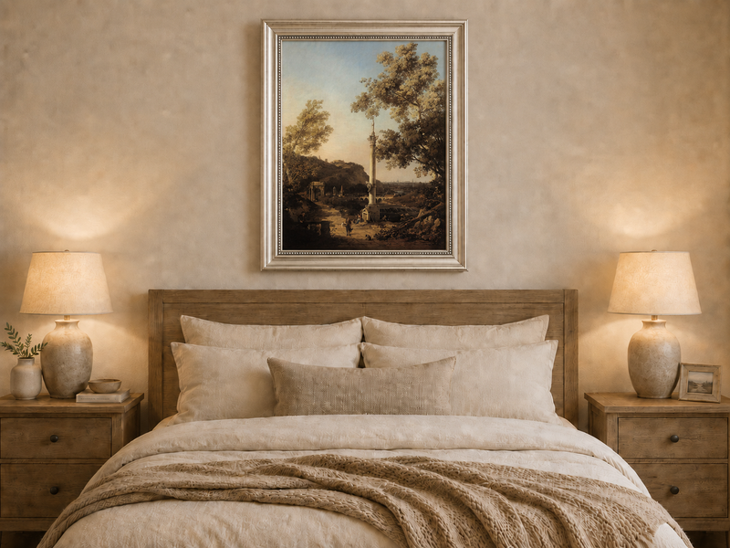 Landscape Oil Painting - Classical Column, Ruins and River View