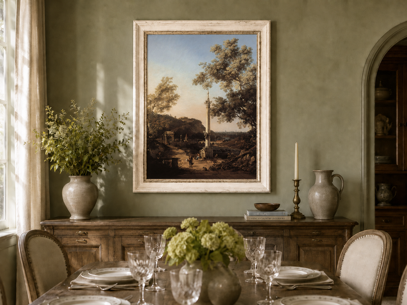 Landscape Oil Painting - Classical Column, Ruins and River View