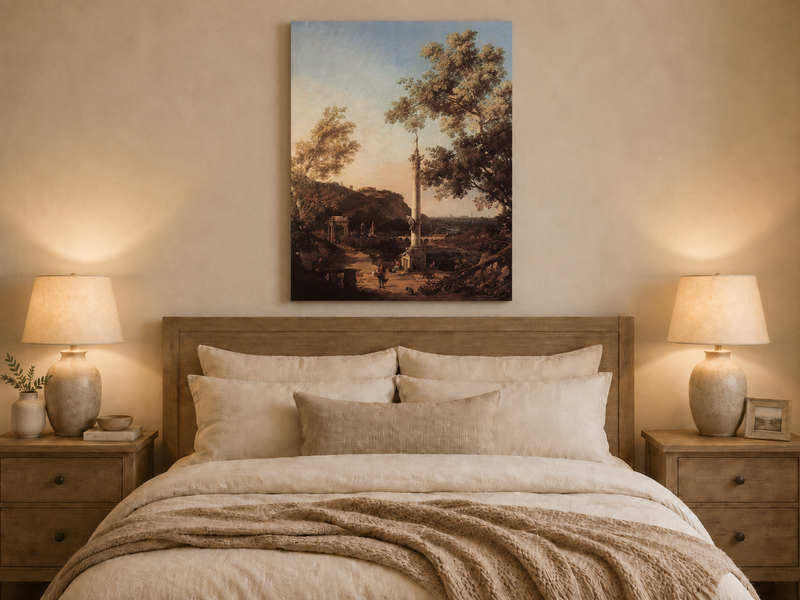 Landscape Oil Painting - Classical Column, Ruins and River View