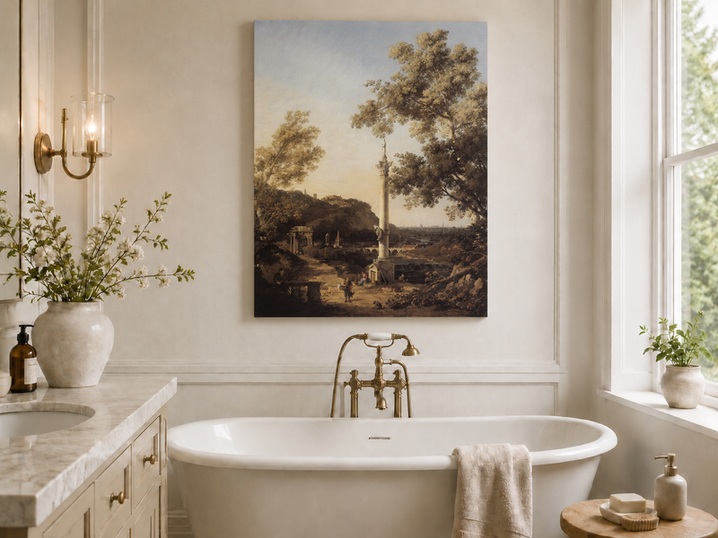 Landscape Oil Painting - Classical Column, Ruins and River View