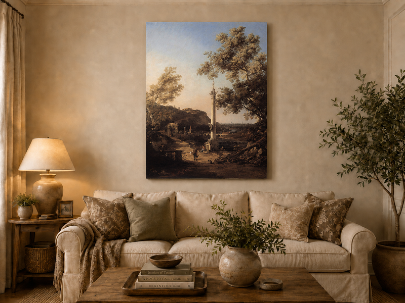 Landscape Oil Painting - Classical Column, Ruins and River View