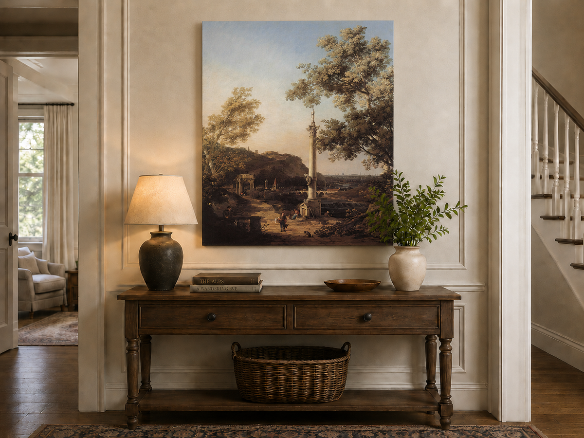 Landscape Oil Painting - Classical Column, Ruins and River View