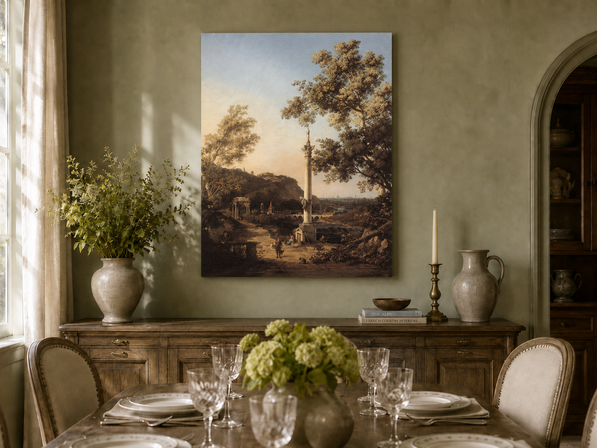 Landscape Oil Painting - Classical Column, Ruins and River View
