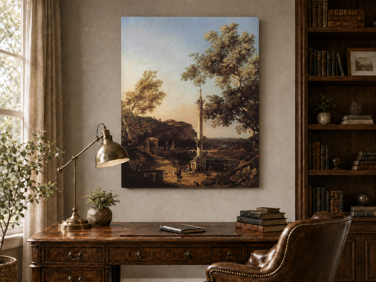 Landscape Oil Painting - Classical Column, Ruins and River View