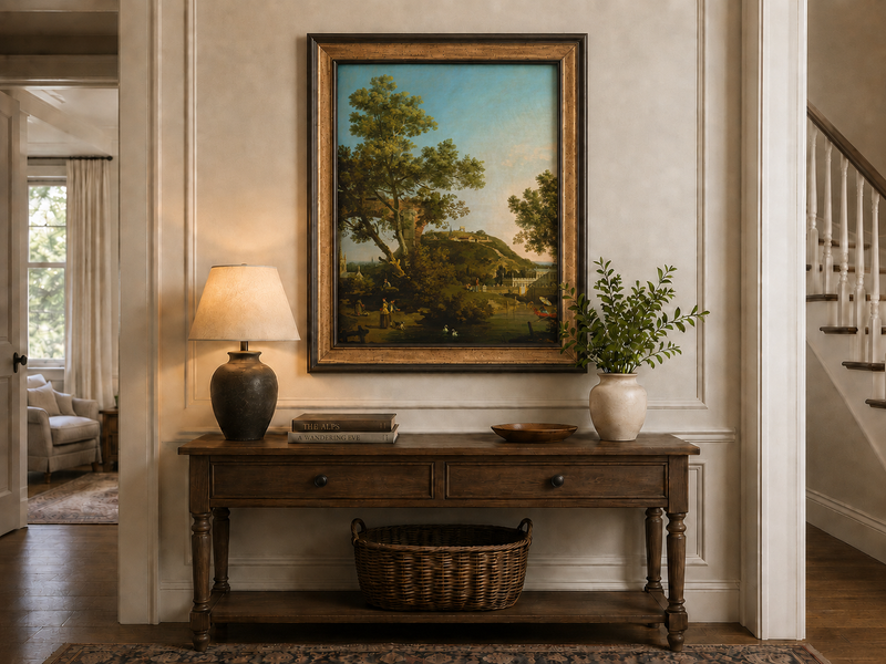 Landscape Oil Painting - Classical Garden Bridge and Hill