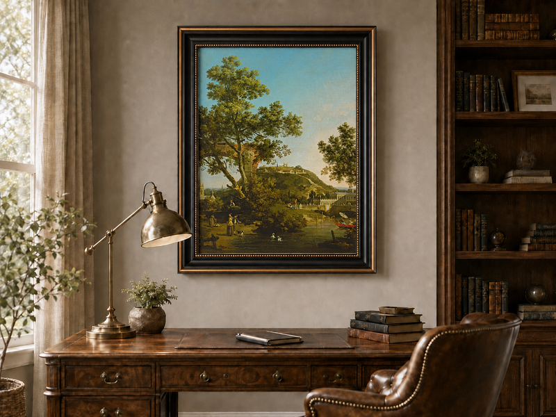 Landscape Oil Painting - Classical Garden Bridge and Hill