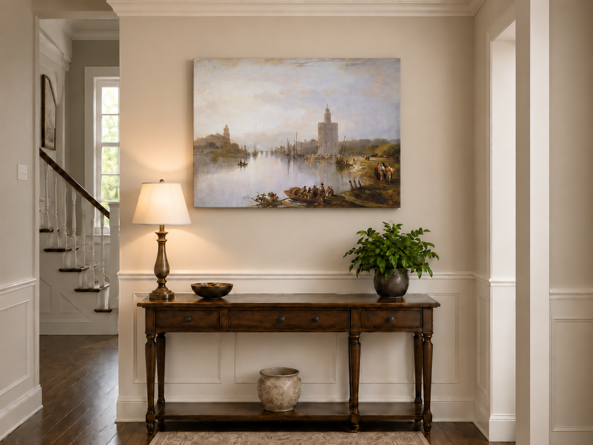 Peinture à l'huile de paysage - Gouffre rocheux spectaculaire avec personnages