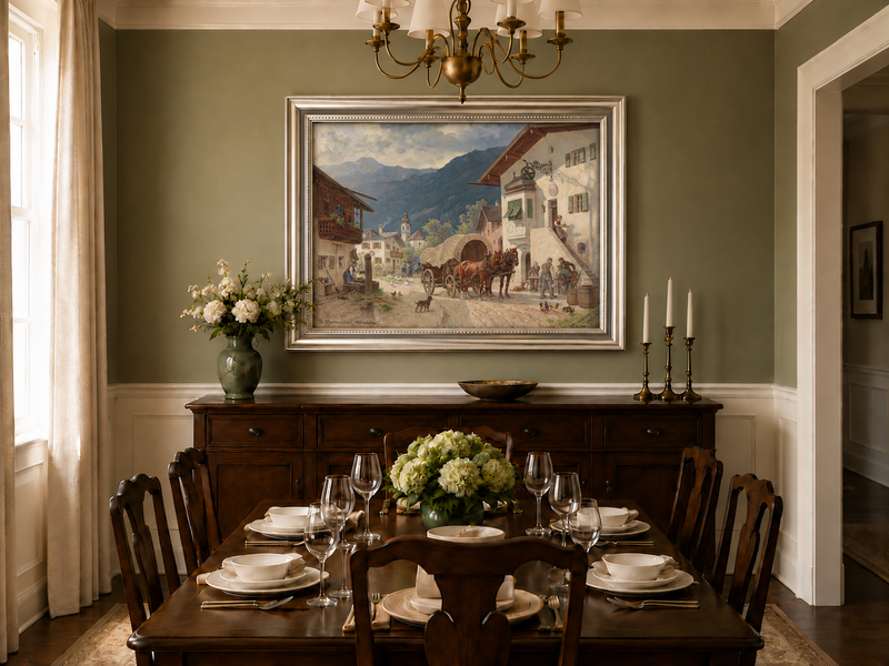 Landscape Oil Painting - Alpine Village Square: Horse-Drawn Cart