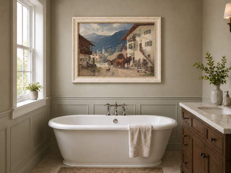 Landscape Oil Painting - Alpine Village Square: Horse-Drawn Cart