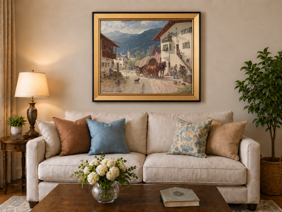 Landscape Oil Painting - Alpine Village Square: Horse-Drawn Cart