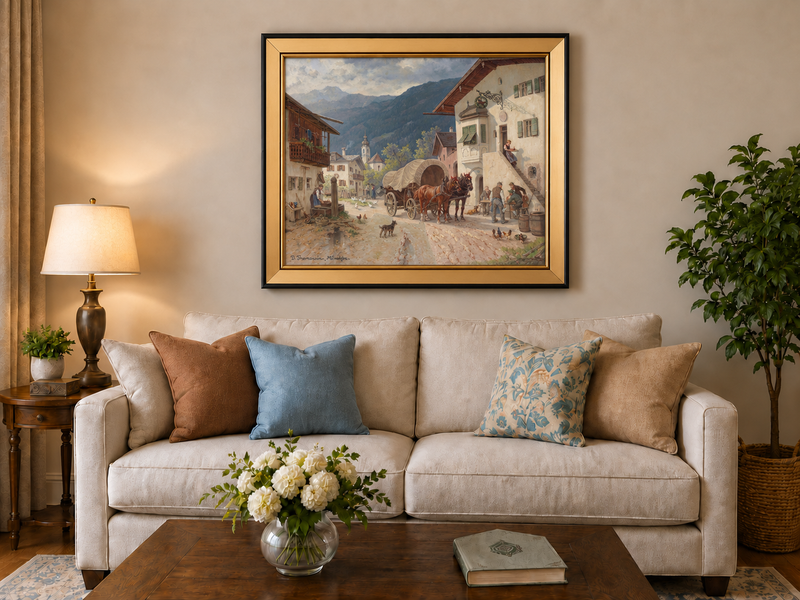 Landscape Oil Painting - Alpine Village Square: Horse-Drawn Cart