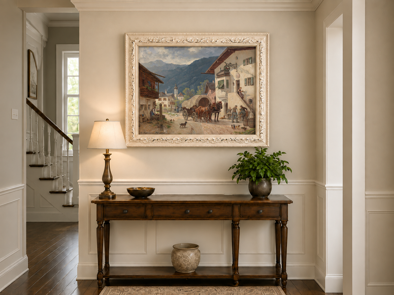 Landscape Oil Painting - Alpine Village Square: Horse-Drawn Cart