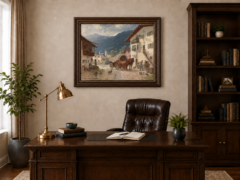 Landscape Oil Painting - Alpine Village Square: Horse-Drawn Cart