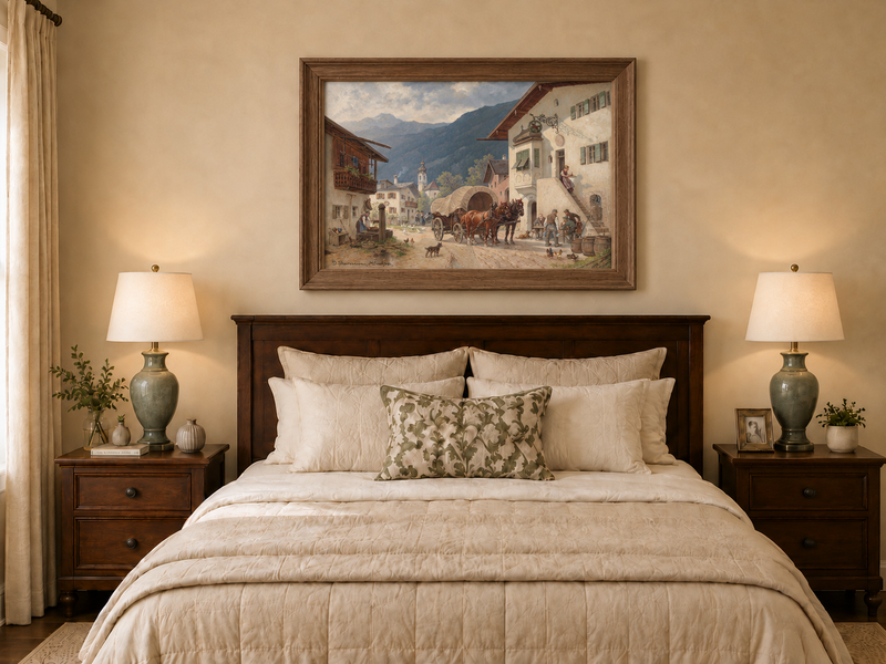 Landscape Oil Painting - Alpine Village Square: Horse-Drawn Cart