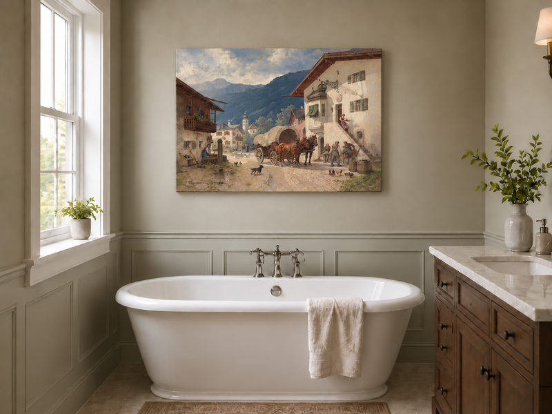 Landscape Oil Painting - Alpine Village Square: Horse-Drawn Cart