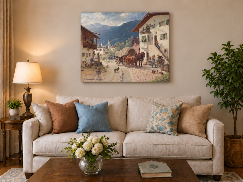 Landscape Oil Painting - Alpine Village Square: Horse-Drawn Cart