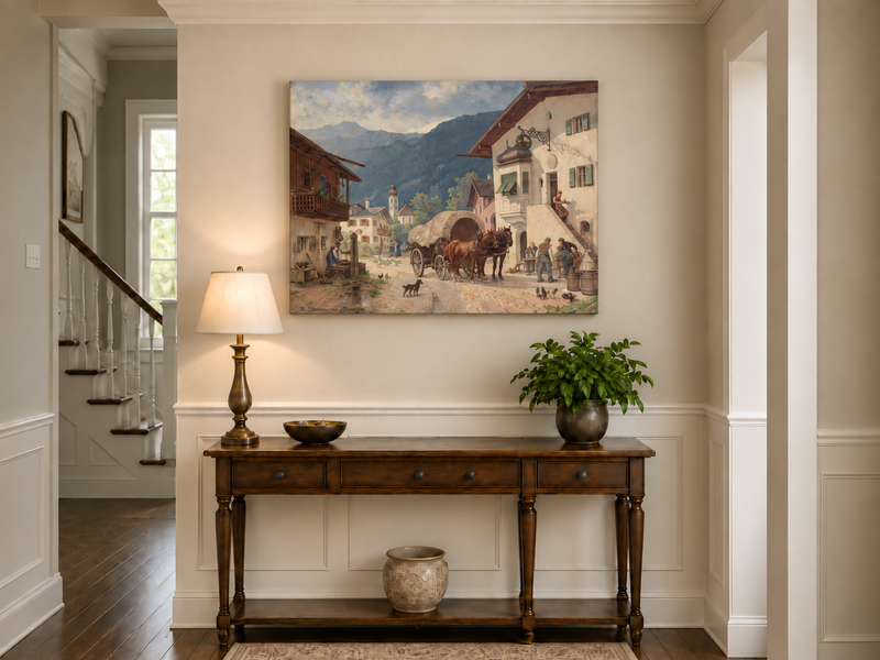 Landscape Oil Painting - Alpine Village Square: Horse-Drawn Cart