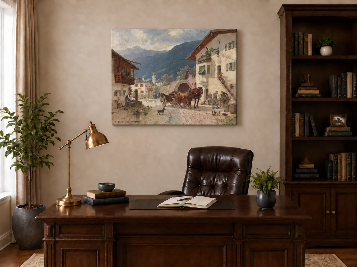 Landscape Oil Painting - Alpine Village Square: Horse-Drawn Cart