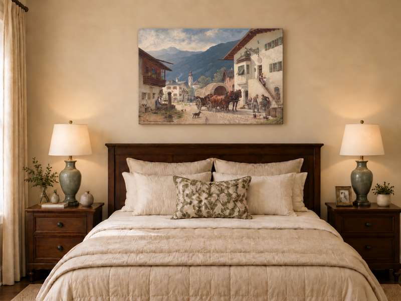 Landscape Oil Painting - Alpine Village Square: Horse-Drawn Cart