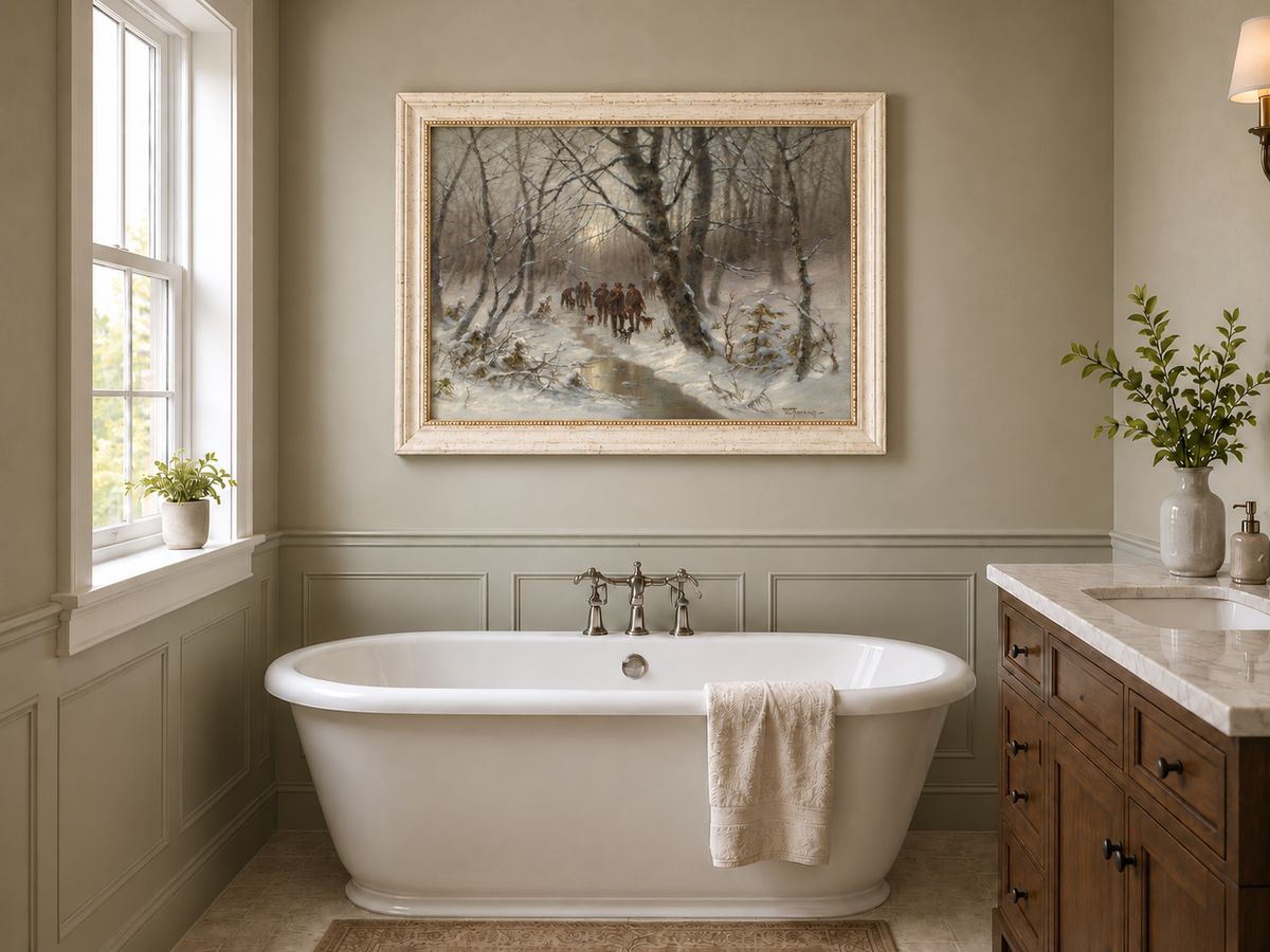 Peinture à l'huile de paysage - Chasse en forêt hivernale