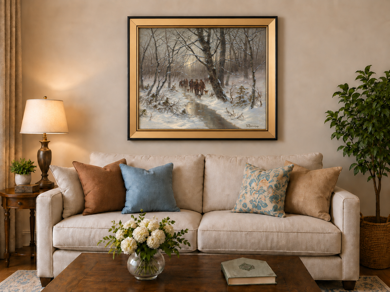 Peinture à l'huile de paysage - Chasse en forêt hivernale
