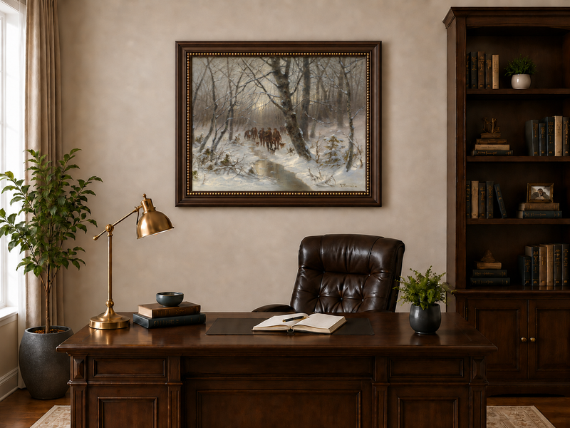 Peinture à l'huile de paysage - Chasse en forêt hivernale
