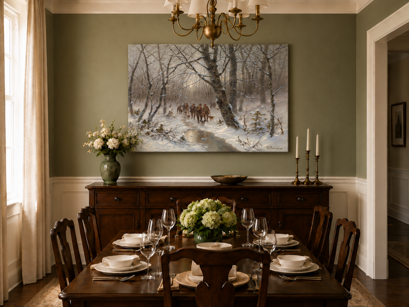 Peinture à l'huile de paysage - Chasse en forêt hivernale