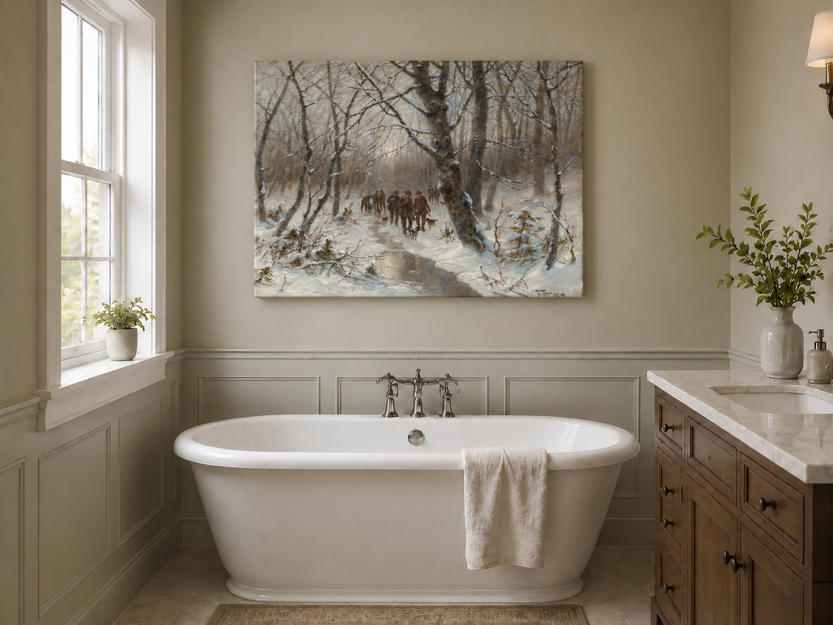 Peinture à l'huile de paysage - Chasse en forêt hivernale