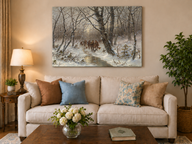 Peinture à l'huile de paysage - Chasse en forêt hivernale