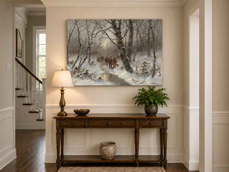 Peinture à l'huile de paysage - Chasse en forêt hivernale