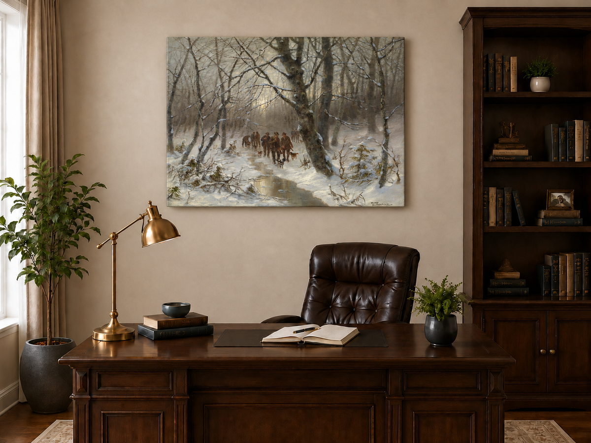 Peinture à l'huile de paysage - Chasse en forêt hivernale